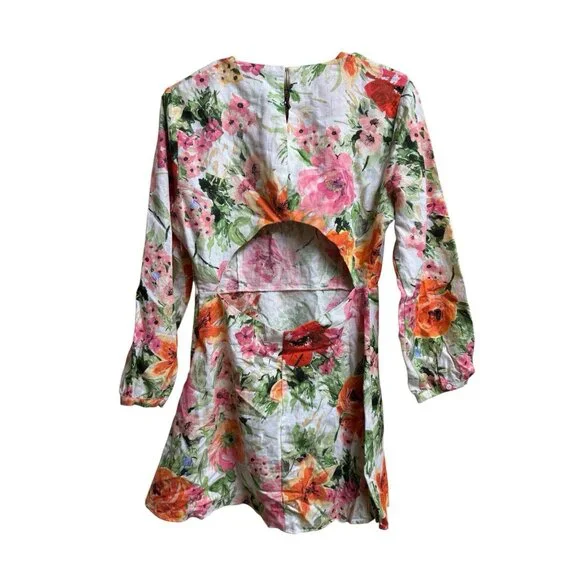 Zara Linen Blend Floral Cutout Back Dress Size M NWOT - Picture 2 of 5